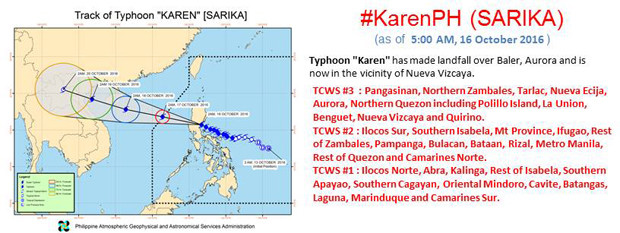This image released by the Pagasa shows the track of Typhoon Karen and the areas under typhoon signal warning. PAGASA IMAGE