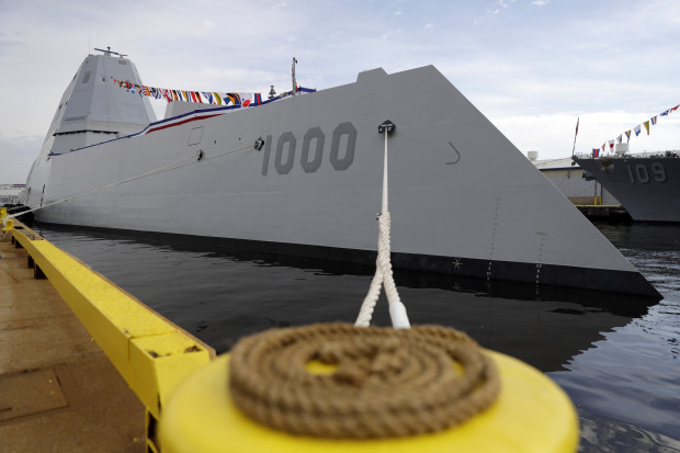 This Oct. 13, 2016 photo shows the U.S. Navy's newest guided-missile destroyer, the future USS Zumwalt, docked in Baltimore. The destroyer's commissioning ceremony is set for Oct. 15 during the inaugural Maryland Fleet Week. (AP Photo/Patrick Semansky)