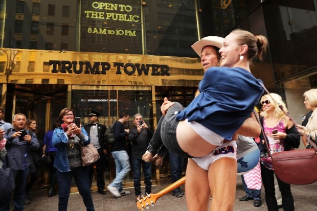 NEW YORK, NY - OCTOBER 08: The entertainer Naked Cowboy stands in front of Trump Tower in Manhattan on October 8, 2016 in New York City. The Donald Trump campaign has faced numerous calls for him to step aside after a recording from 2005 revealed lewd comments Trump made about women.   Spencer Platt/Getty Images/AFP