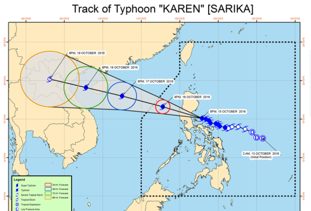 This image from Pagasa's Facebook page shows the forecast track of Typhoon Karen as of 11PM Saturday.