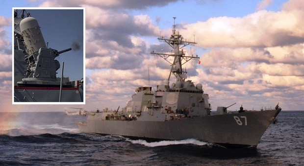 The Pentagon said on Wednesday that the USS Mason was again targeted with a missile from a rebel-held position in Yemen. Inset shows one of the close-in weapon system gun of the Mason which can shoot down planes and missiles. PHOTOS FROM USS MASON DDG 87 FACEBOOK PAGE