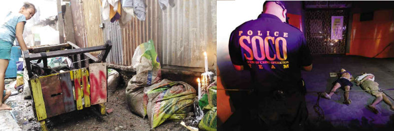 THE BODIES of two unidentified “salvage” victims lie in front of the Sta. Catalina College gate in Manila (right photo). In Pateros,  candles mark the spot where another drug suspect was shot dead also on Tuesday morning. Photos by Dexter Cabalza and Raffy Lerma