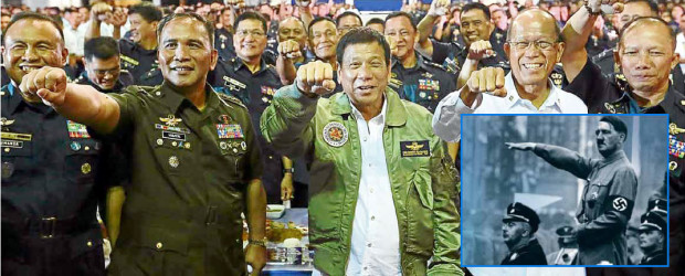 SERIOUS OR RIDICULOUS Likening himself to the infamous Nazi leader Adolf Hitler (insert) who killed millions of Jews duringWorld War II, President Duterte says he’s also willing to kill 3 million drug addicts in the country. Some Jewish groups, however, found the statement outrageous.   JOAN BONDOC/USHMM.ORG       
