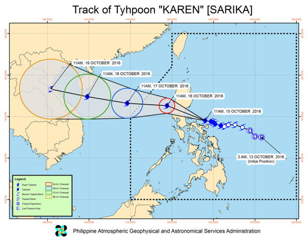 This image from Pagasa's Facebook page shows the forecast track of Typhoon Karen as of Saturday afternoon. 