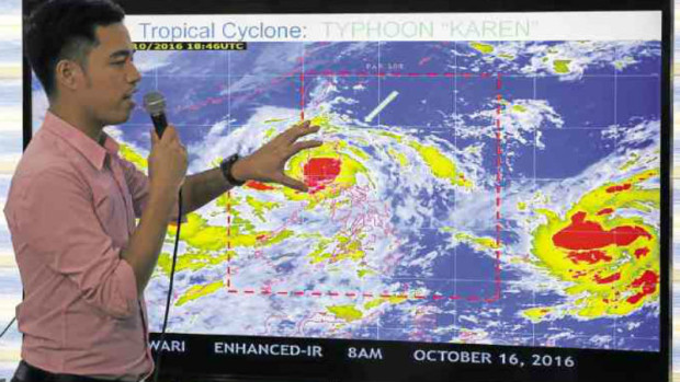 WEATHER UPDATE Weather forecaster Benison Estareja reports that Typhoon “Karen” (international name: Sarika)  further weakened on Sunday as it left Pangasinan, but another storm to be named “Lawin” is expected to enter the Philippines on Monday afternoon.  —NIÑO JESUS ORBETA