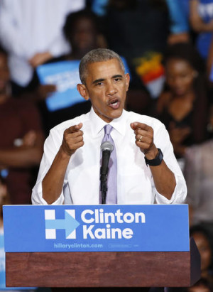 President Barack Obama gestures as he speaks at a campaign rally for Democratic presidential candidate Hillary Clinton at Florida Memorial University, Thursday, Oct. 20, 2016, in Miami Gardens, Fla. AP