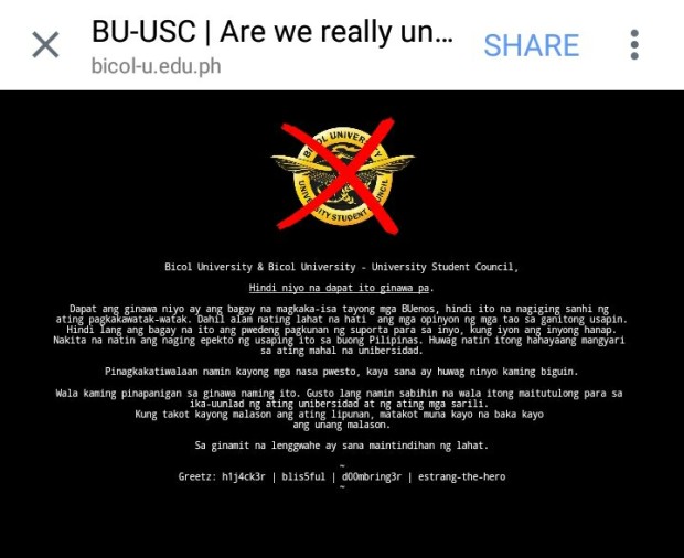 Bicol University website Defaced