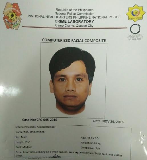 The computerized facial composite of the suspect who planted the improvised explosive device near the US  Embassy in Manila on Nov. 28, 2016 (FILE PHOTO RELEASED BY THE PHILIPPINE NATIONAL POLICE)