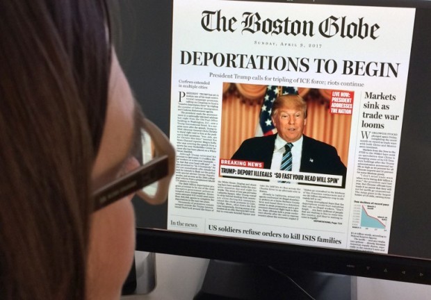(FILES) This file photo taken on April 10, 2016 shows a photo illustration taken in Washington, DC showing a woman reading The Boston Globe's fake headline, "Deportations to begin, President Trump calls for tripling of ICE (immigration and customs enforcement); riots continue,"  in an online version of a mockup of what a frontpage might look like should Republican frontrunner Donald Trump win the presidency. Donald Trump will keep his vow to deport millions of undocumented migrants from the United States, he said in an interview to be broadcast November 13, 2016, saying as many as three million could be removed after he takes office. "What we are going to do is get the people that are criminal and have criminal records, gang members, drug dealers, where a lot of these people, probably two million, it could be even three million -- we are getting them out of our country or we are going to incarcerate," Trump said in an excerpt released ahead of broadcast by CBS's 60 Minutes program.  / AFP PHOTO / Karen BLEIER