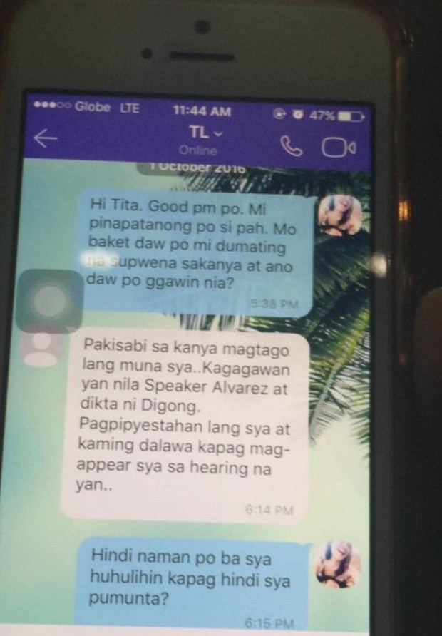 The screen of the cellphone of Ronnie Dayan's daughter, Hannah Mae Dayan, showing her alleged conversation with Senator Leila de Lima. MARC JAYSON CAYABYAB/INQUIRER.net