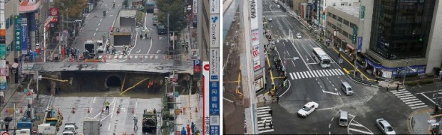 This combo shows a photo of a giant sinkhole (L) measuring around 30 metres (98 feet) wide and 15 metres deep, which appeared in a five-lane street in the middle of the Japanese city of Fukuoka on November 8, 2016 and another photo (R) of the same section of road after repairs were made on November 15. The Japanese city on November 15 reopened the busy street that collapsed into a giant sinkhole, with efforts of crews who worked round the clock for a week drawing raves on social media. / AFP PHOTO / JIJI PRESS / JIJI PRESS / Japan OUT