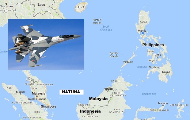 Anticipating threats in disputes in the South China Sea, Indonesia said it would be boosting its military presence in the Natuna Islands. Jakarta said it might deploy Russian-made SU-35 jet fighters (inset) which it would buy from Moscow. GOOGLE MAPS / MINISTRY OF DEFENSE OF THE RUSSIAN FEDERATION PHOTO