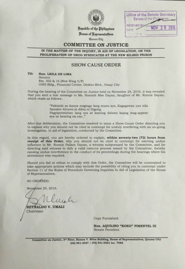 SHOW CAUSE ORDER ISSUED BY THE HOUSE COMMITTEE ON JUSTICE FOR SENATOR DE LIMA 1