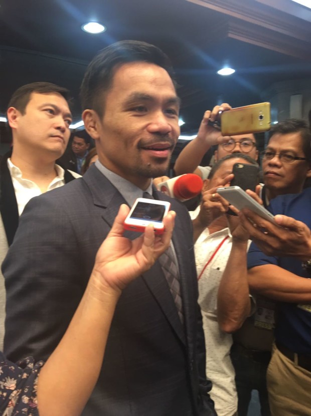 Senator Manny Pacquiao returns to work at the Senate on Nov. 8, 2016 after winning the WBO welterweight title in the US. (PHOTO BY TARRA QUISMUNDO/ INQUIRER)