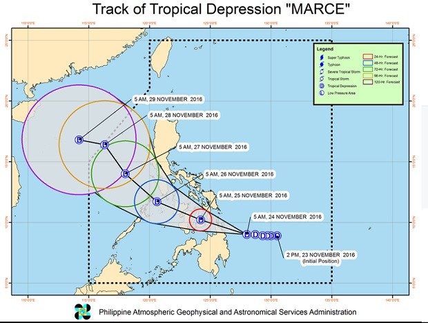 This illustration from Pagasa released at 8 a.m., Nov. 24, 2016, shows the projected track of Tropical Depression Marce. PAGASA FB PAGE