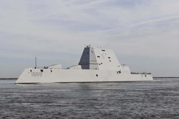 The guided-missile destroyer USS Zumwalt (DDG 1000) transits Naval Station Mayport Harbor on its way into port in Jacksonville, Florida on October 25, 2016.  Crewed by 147 Sailors, Zumwalt is the lead ship of a class of next-generation destroyers designed to strengthen naval power by performing critical missions and enhancing US deterrence, power projection and sea control objectives. / AFP PHOTO / US NAVY / PO2 Timothy SCHUMAKER