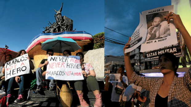 PROTEST SCENES Concerned citizens (left photo) who are outraged by Friday’s burial of the dictator Ferdinand Marcos at Libingan ng mga Bayani continue their protest on Sunday at the Edsa People Power Monument. In Legazpi City,millennials (right photo) take to the streets to condemn the surprise interment. —GRIG C.MONTEGRANDE, GEORGE GIO BRONDIAL