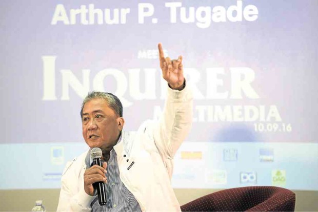 Transportation Secretary Arthur Tugade stresses a point during the Nov. 9 Meet Inquirer Multimedia Forum.—ELOISA LOPEZ