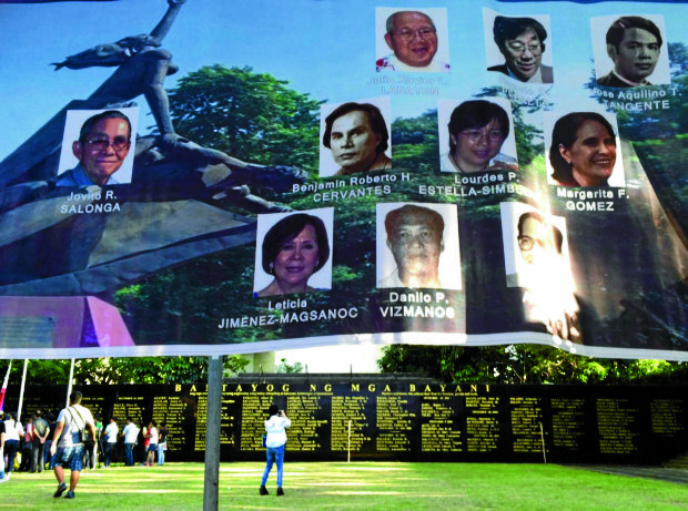 ‘BANTAYOG’ HEROES Nineteen names, including those of Inquirer editor in chief Leticia Jimenez-Magsanoc and former Sen. Jovito Salonga, are added on Wednesday to the roster of heroes who fought the Marcos regime at Bantayog ng mga Bayani. —LYN RILLON
