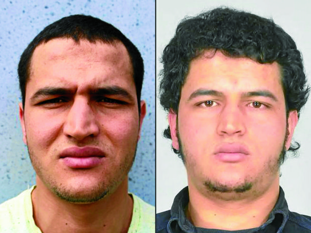 This combination of pictures created on December 23, 2016 shows two handout portraits released by German Federal Police Office (BKA) on December 22, 2016 showing a Tunisian man identified as Anis Amri, suspected of being involved in the Berlin Christmas market attack, that killed 12 people on December 19.  Anis Amri, suspected of carrying out the Berlin truck attack was shot dead by police in Milan on December 23, 2016, Italy confirmed. Anis Amri, 24, was accused of killing 12 people and wounding dozens more in the December 19 assault on a Christmas market, which has been claimed by the Islamic State jihadist group.  / AFP PHOTO 