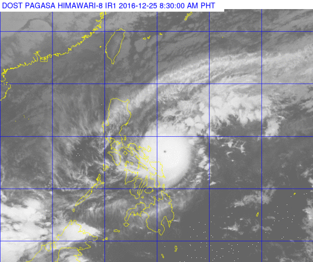 This satellite image from Pagasa shows the location of Typhoon Nina (Nock-Ten) as of 8:30 a.m. Monday. 