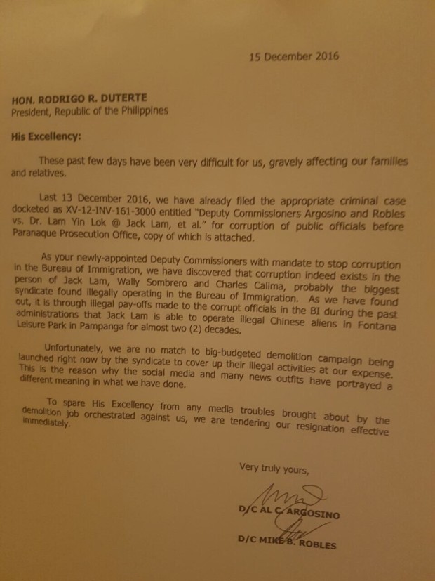 Letter of resignation of Al C. Argosino and Mike B. Robles