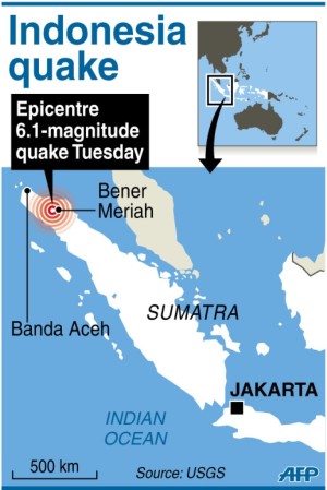 A map shows the Indonesia province of Aceh that has been frequently hit by earthquakes--like the 6.1-magnitude quake on July 2, 2013--was hit by a new 6.4-magnitude temblor early Wednesday, Dec. 7, 2016.
