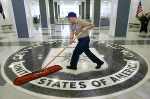 Janitor mopping floor of CIA headquarters lobby