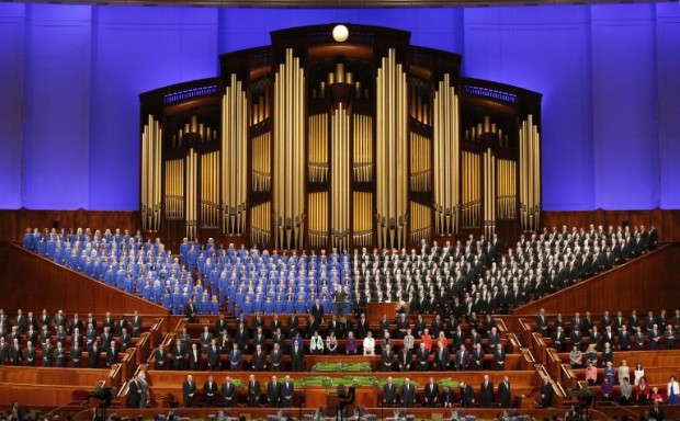 SALT LAKE CITY, UT - APRIL 2: The Mormon Tabernacle Choir and church leaders sing together in the Conference Center during the 186th Annual General Conference of the Church of Jesus Christ of Latter-Day Saints on April 2, 2016 in Salt Lake City, Utah. Mormons from around the world will gather in Salt Lake City to hear direction from church leaders at the two day conference.   George Frey/Getty Images
