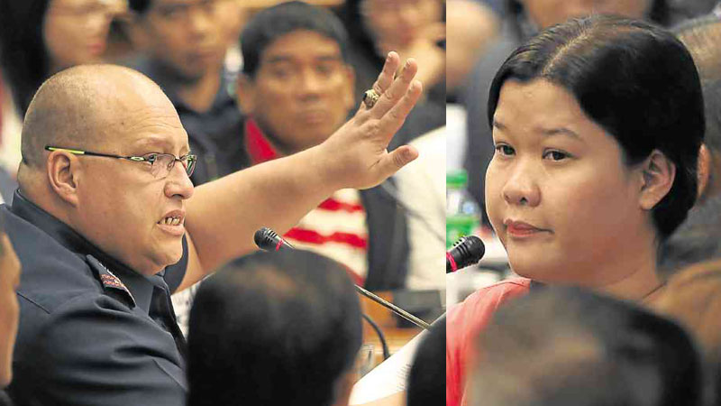 SENATE PROBE Mylene Son (right), widow of Chief Insp. Jesus Son, told senators that he might have been killed for refusing a request made by Chief Supt. Marvin Marcos (left) to have Albuera Mayor Rolando Espinosa Sr. killed. —EDWIN BACASMAS