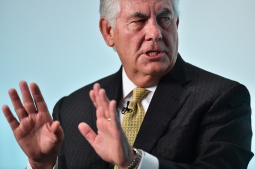 (FILES) This file photo taken on October 07, 2015 shows  Chairman and CEO of US oil and gas corporation ExxonMobil, Rex Tillerson, speaking during the 2015 Oil and Money conference in central London. Tillerson is US President-elect Donald Trump's top pick for secretary of state, US media reported on December 10, 2016, with NBC reporting that Tillerson has already been chosen. Tillerson, 64, is an oil executive with extensive experience in international negotiations and a business relationship with Russian President Vladimir Putin. / AFP PHOTO / BEN STANSALL