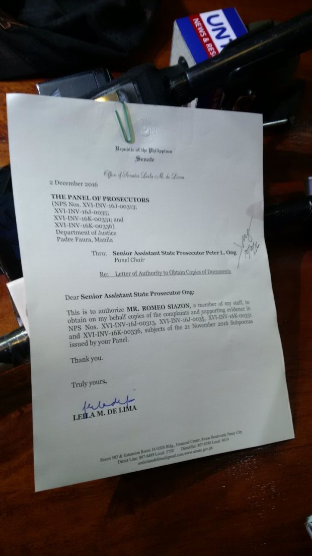 Letter of Authority given by Sen. De Lima to her staff/Tetch Torres-Tupas 