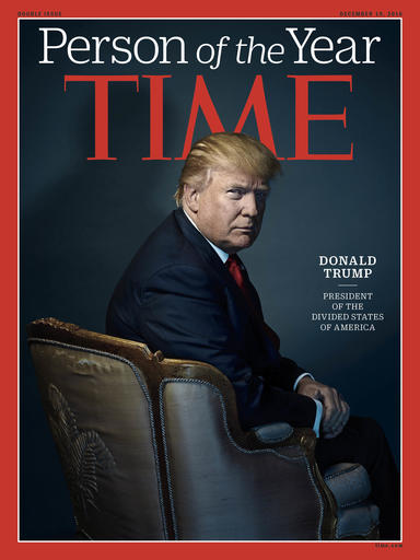 This image provided by Time magazine, shows the cover of the magazine's Person of the Year edition with President-elect Donald Trump in New York. Time editor Nancy Gibbs said the publication’s choice was a “straightforward” choice of the person who has had the greatest influence on events "for better or worse." (Nadav Kander for Time Magazine via AP)