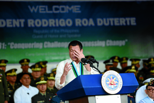 President Rodrigo Roa Duterte delivers his speech during the AFP 81st anniversary in Camp Aguinaldo.INQUIRER PHOTO / JOAN BONDOC