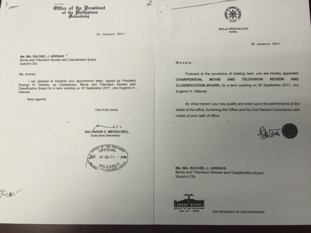 Arenas’ appointment letter