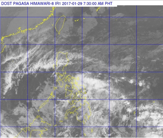 A satellite photo released by Pagasa shows thick clouds over the Eastern Visayas Region and eastern Mindanao. PAGASA WEBSITE