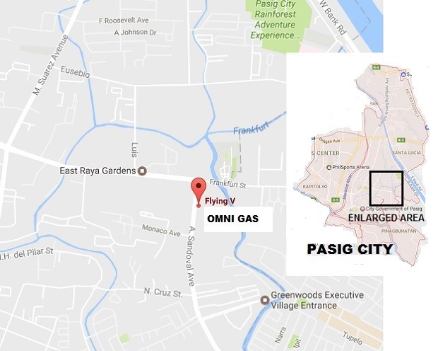The map shows the Flying V gas station that was affected by explosions and a fire that hit an LPG refilling station on A. Sandoval Avenue, Pasig City, Wednesday before dawn. The gas station is right outside the refilling station. GOOGLE MAPS