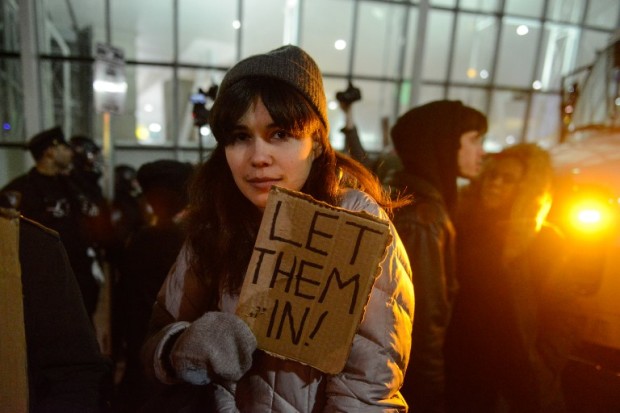 NEW YORK, NY - JANUARY 28: Protestors rally during a demonstration against the new immigration ban issued by President Donald Trump at John F. Kennedy International Airport on January 28, 2017 in New York City. President Trump signed the controversial executive order that halted refugees and residents from predominantly Muslim countries from entering the United States.   Stephanie Keith/Getty Images/AFP