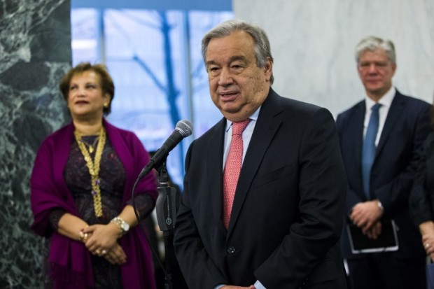 United Nations Secretary-General Antonio Guterres speaks to UN staff at UN headquarters on January 3, 2017 in New York. / AFP PHOTO / Eduardo Munoz Alvarez