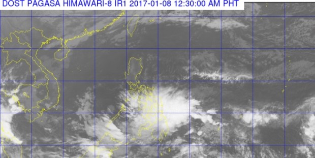 This satellite image from Pagasa shows the location of tropical depression Auring as of 12:30 a.m. Sunday. 