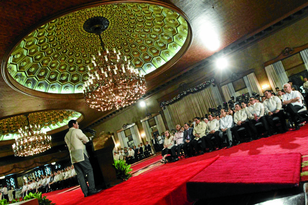 ANTIDRUGWAR In his speech during the oathtaking of newly appointed government officials inMalacañang’s Rizal Hall, President Duterte denies inciting law enforcers to take punitive actions when he launched his intensified campaign against illegal drugs. —MALACAÑANG PHOTO