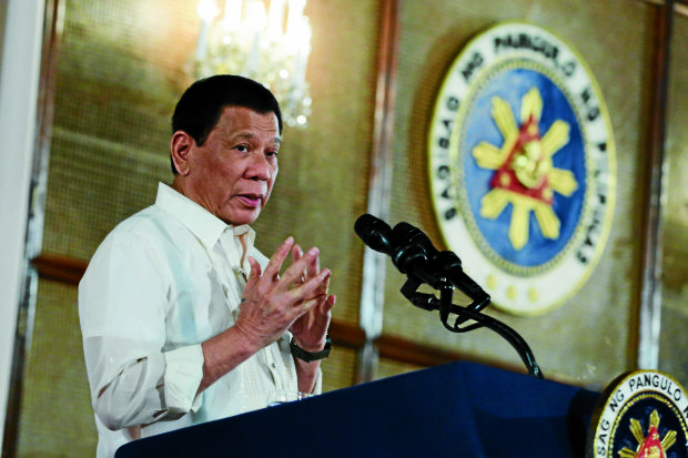 President Rodrigo Roa Duterte elaborates on the enormity of the illegal drug problem plaguing the country in his speech during the oath-taking ceremony of newly-promoted Philippine National Police officials at the Rizal Hall of Malacañan Palace on January 19, 2017. KING RODRIGUEZ/Presidential Photo