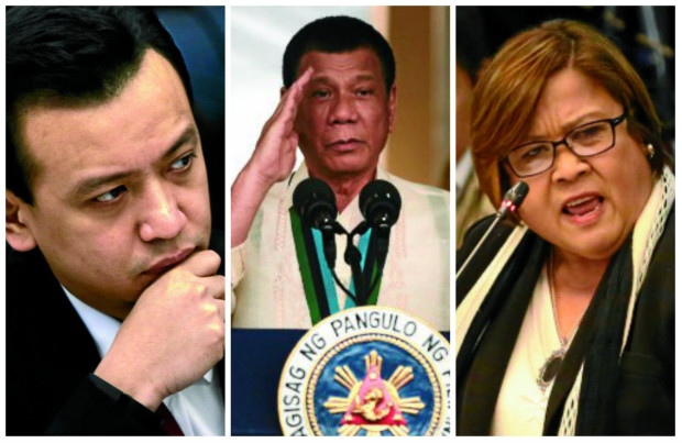 In this composite photo, President Rodrigo Duterte is flanked by senators Antonio Trillanes and Leila de Lima who accused him of using the Mamasapano massacre to mask his administration's "failures." INQUIRER FILE PHOTOS