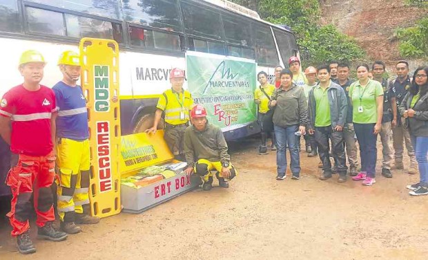 Members of Marcventures Mining and Development Corp. emergency response team prepare to leave the company mine site in Carrascal, Surigao del Sur, to provide assistance to earthquake victims. They were deployed within hours of Friday night’s earthquake. —CONTRIBUTED PHOTO