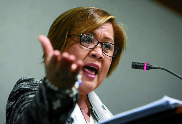 February 21 2017 Senator Leila De Lima gestures to the media during a presconference at the Senate where she called President Rodrigo Duterte a "sociapath". De Lima was charged before the Muntinlupa RTC over her alleged involvement in the drug trade inside the Bilibid prisons on monday. INQUIRER/ MARIANNE BERMUDEZ