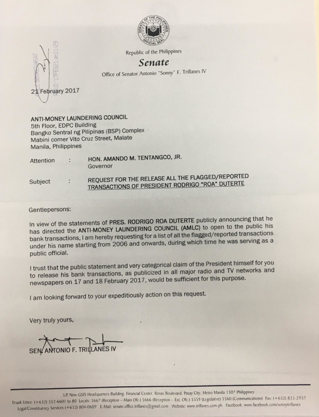 Trillanes' letter to AMLC 