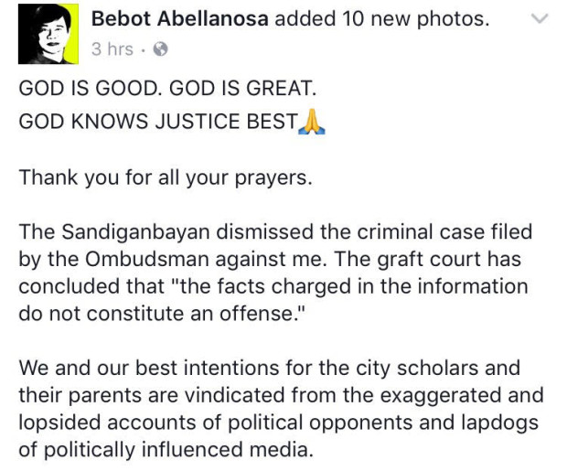 Cebu City Rep. Rodrigo "Bebot" Abellanosa tweets about his happiness over the junking by the Sandiganbayan, of a graft case filed against him over a city scholarship agreement when he was still a city councilor. (SCREENGRAB)