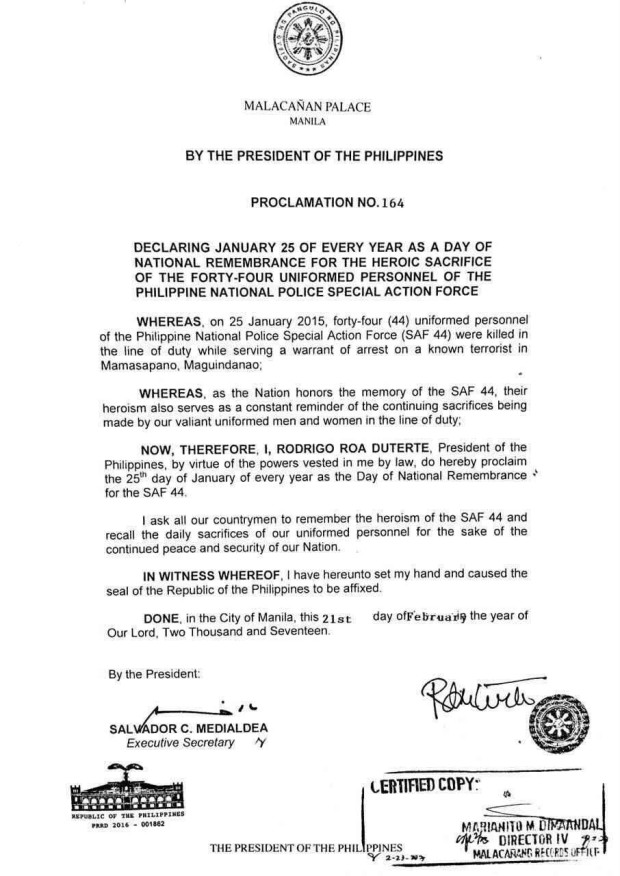 Duterte proclamation on SAF 44 remembrance