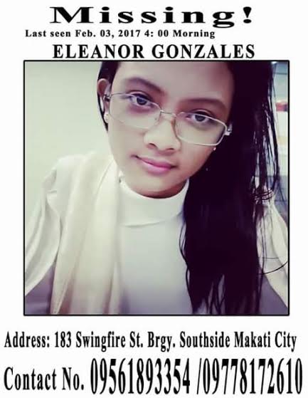 This was the flyer the friends of Eleanor Gonzales sent out when she failed to come home on Feb. 3, 2017.  Her friends would only learn days later that she was robbed and shot in the forehead near the Guadalupe Bridge in Mandaluyong City on her way to work at 4:50 a.m. on Feb. 3, 2017. (Photo courtesy of Eleanor Gonzales' friends)
