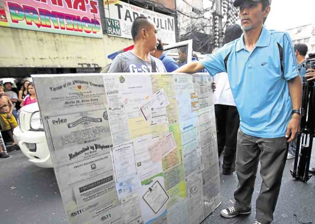 A sampling of the fake documents seized in Thursday’s raid included diplomas from major universities.  — NIÑO JESUS ORBETA